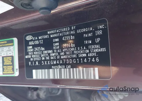 2013 Kia Optima Lx z USA, uszkodzony, nr VIN 5XXGM4A73DG114746